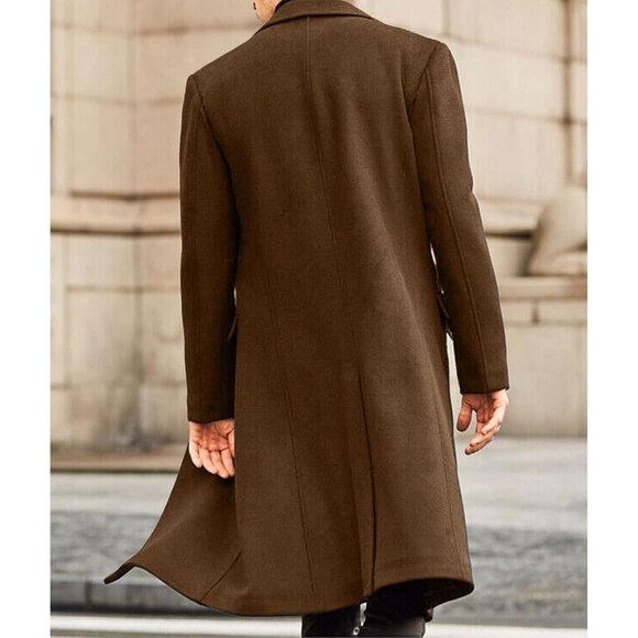 Men's Brown Slim Fit Notched Collar Long Casual Trench Coat with Pocket - Picture 4 of 6